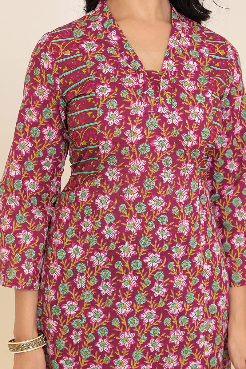 Dark Violet Straight Cotton Kurta with Printed Side Panels