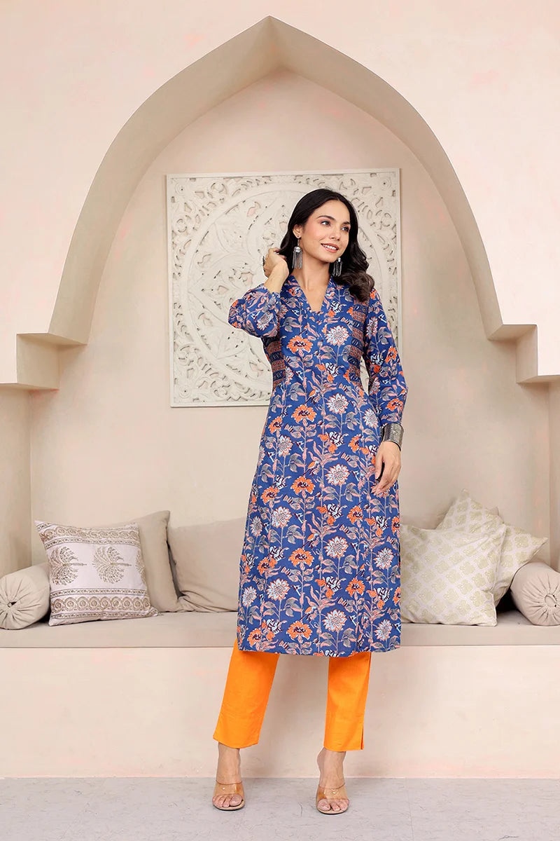 Dark Blue Straight Cotton Kurta with Printed Side Panels