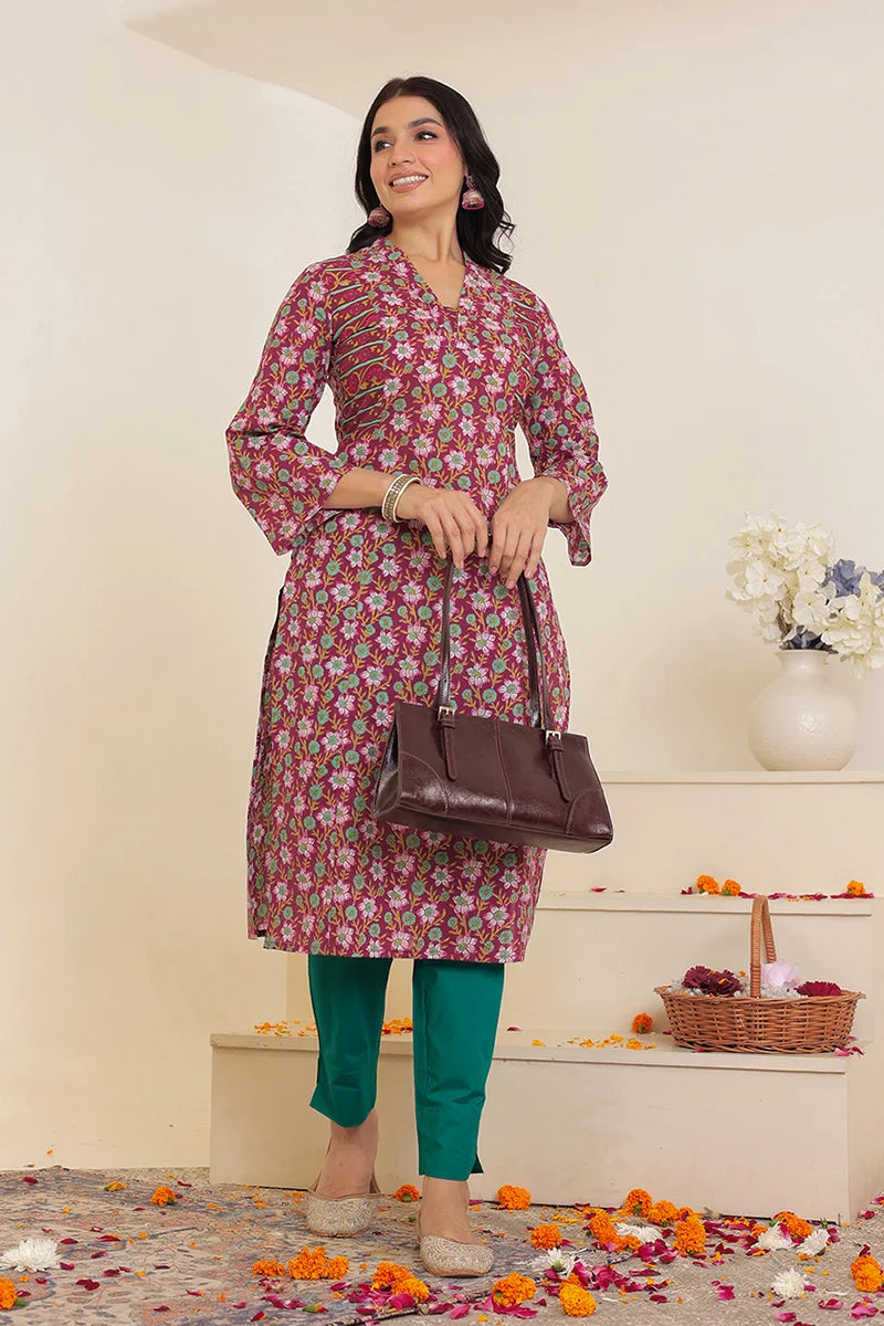 Dark Violet Straight Cotton Kurta with Printed Side Panels