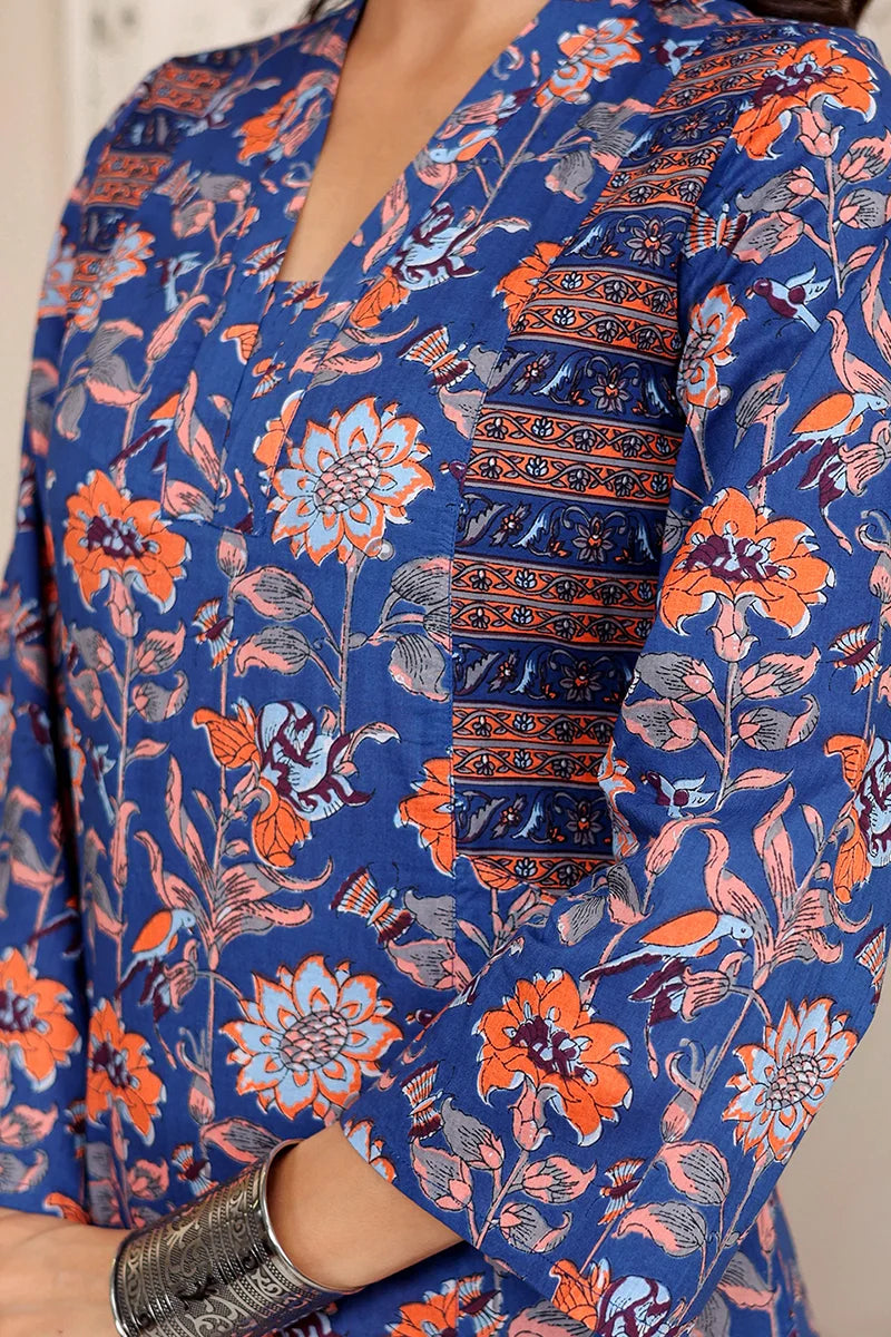 Dark Blue Straight Cotton Kurta with Printed Side Panels