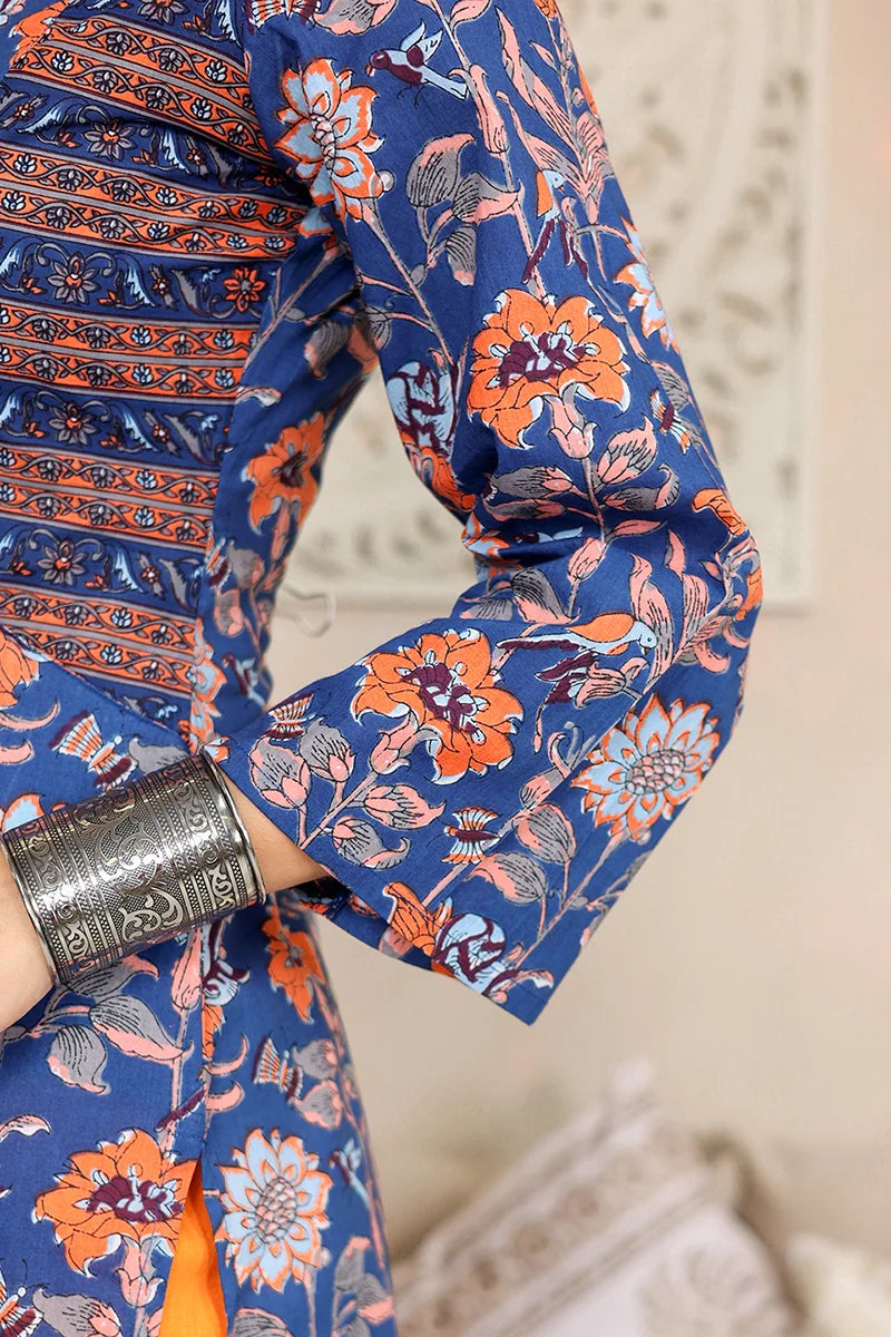 Dark Blue Straight Cotton Kurta with Printed Side Panels