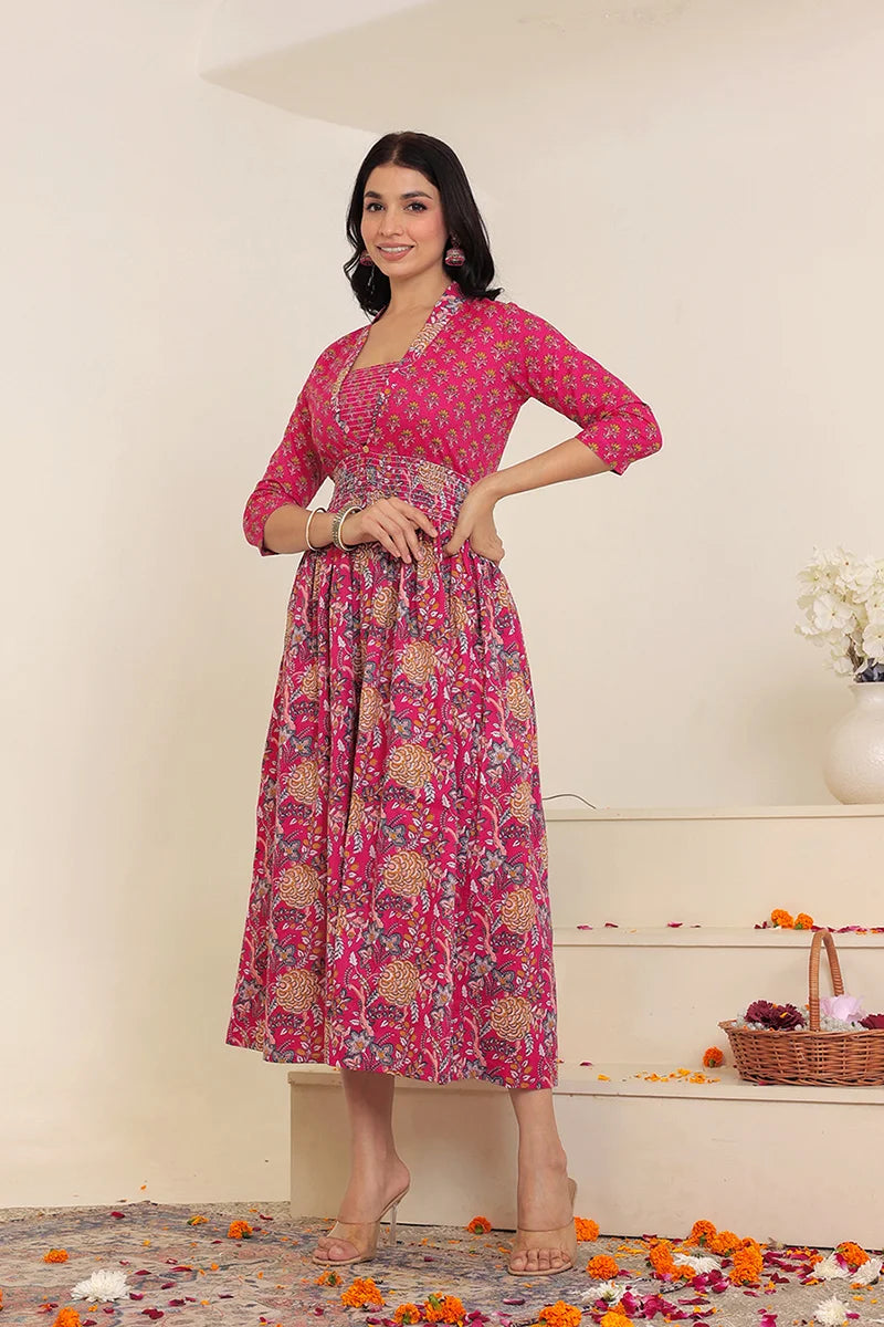 Pink Flower Printed Dress with Inner