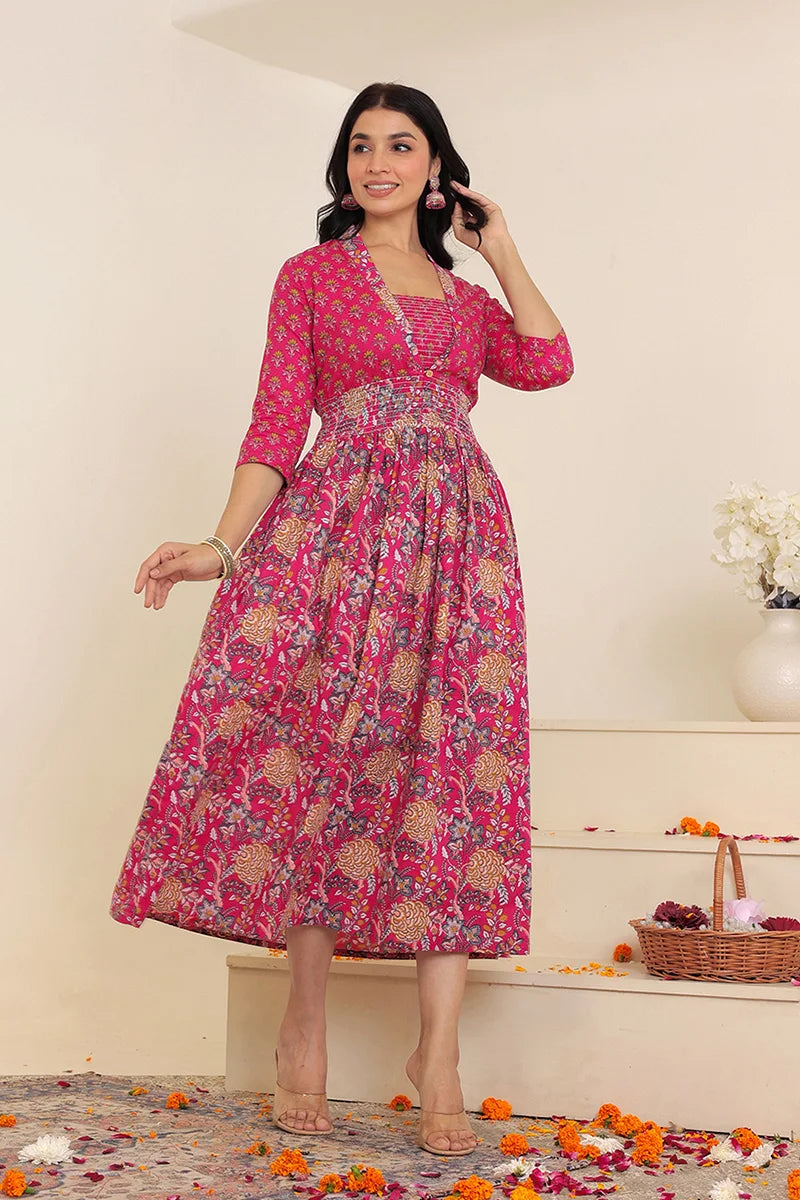 Pink Flower Printed Dress with Inner