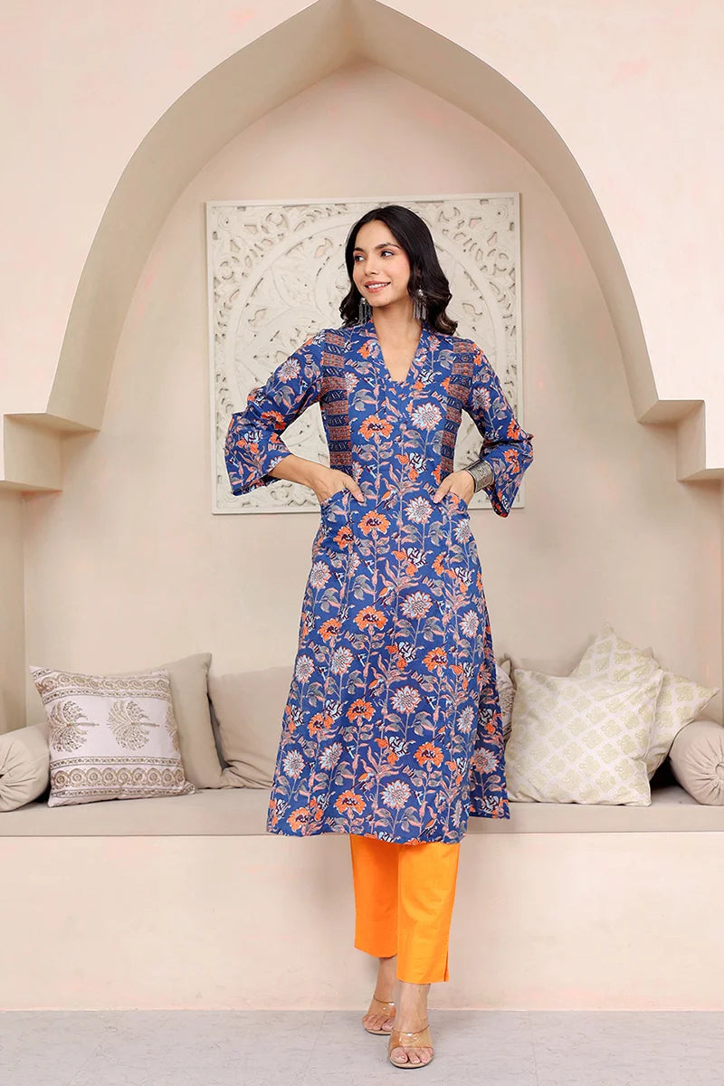 Dark Blue Straight Cotton Kurta with Printed Side Panels