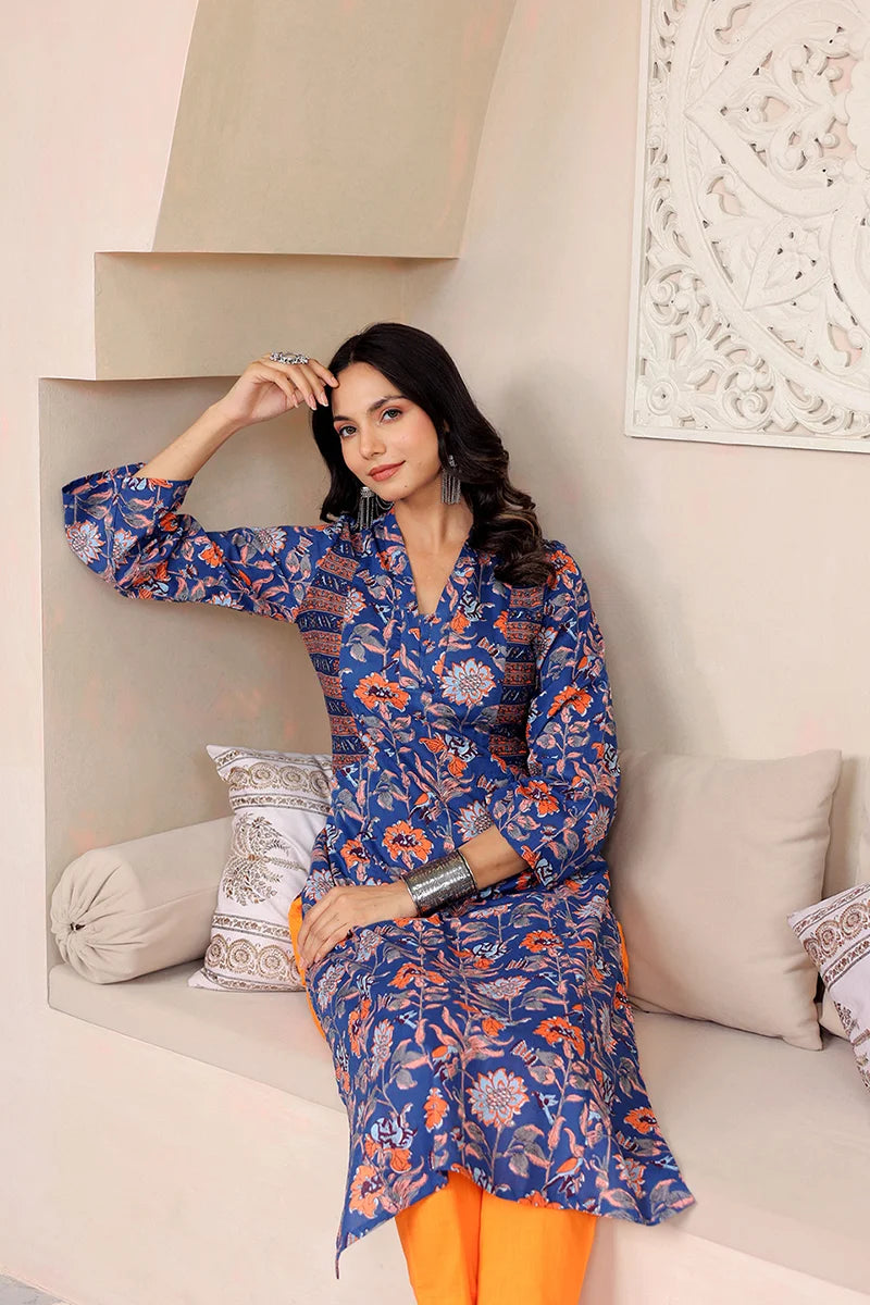 Dark Blue Straight Cotton Kurta with Printed Side Panels