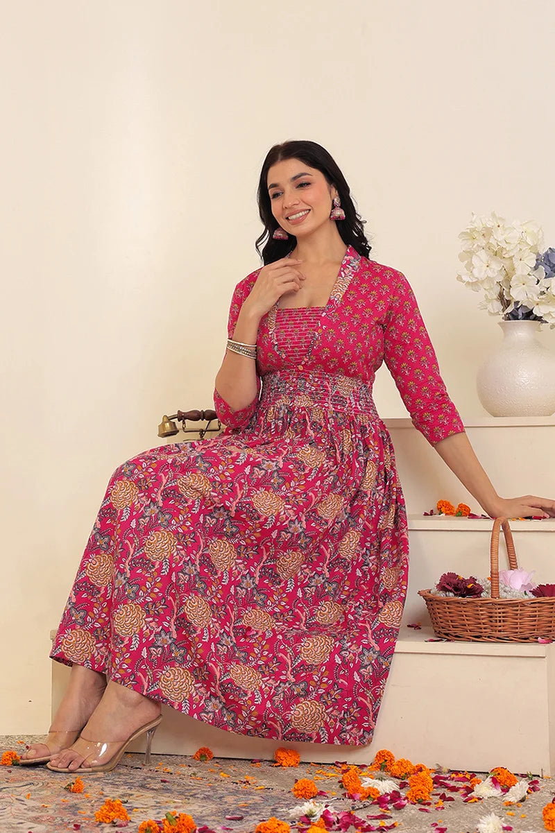 Pink Flower Printed Dress with Inner