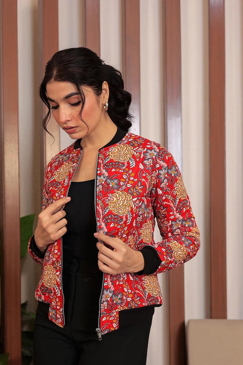 Red Block Printed Bomber Quilted Jacket with Pockets