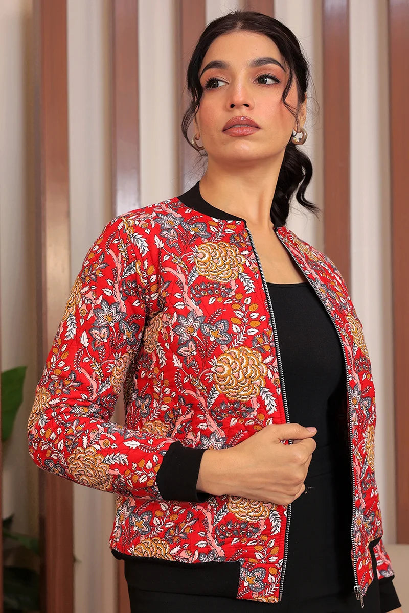 Red Block Printed Bomber Quilted Jacket with Pockets