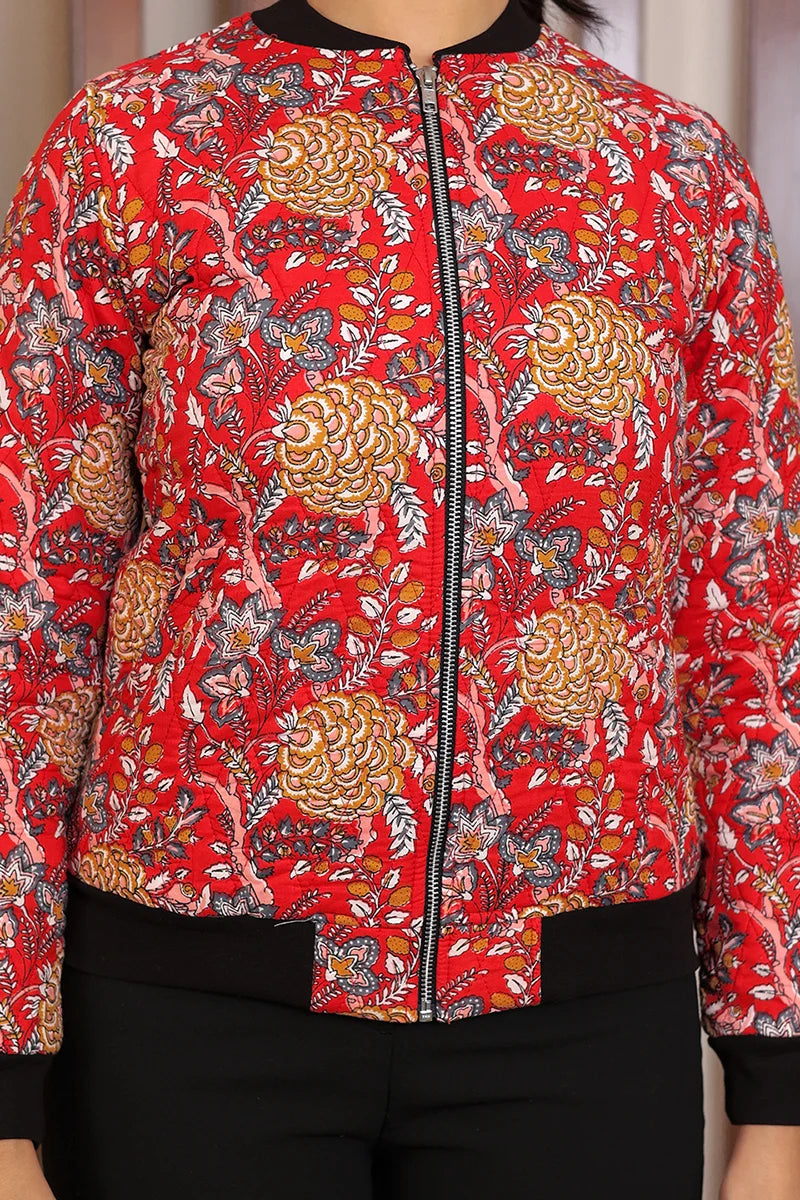 Red Block Printed Bomber Quilted Jacket with Pockets