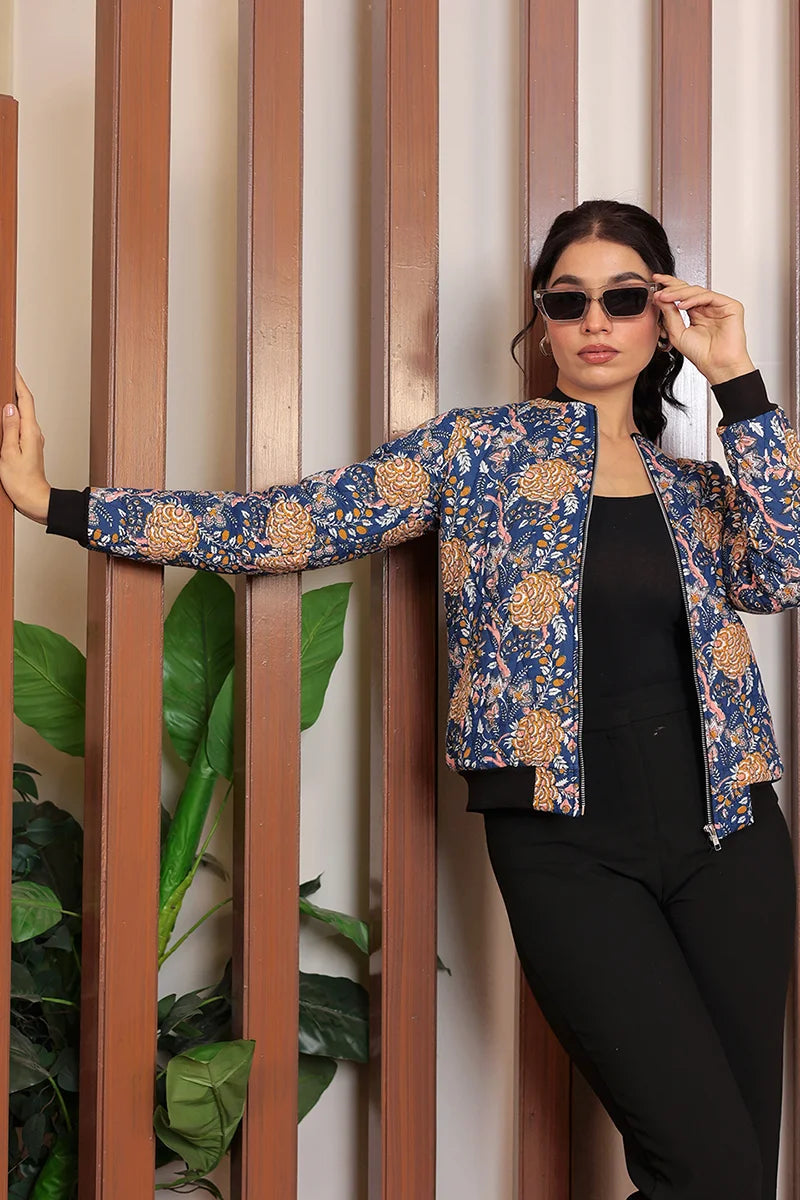 Blue Block Printed Bomber Quilted Jacket with Pockets