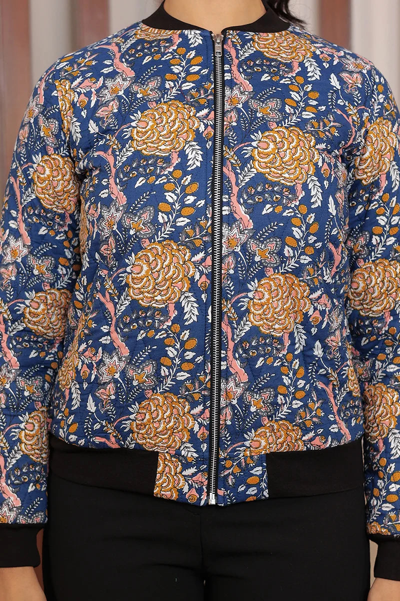 Blue Block Printed Bomber Quilted Jacket with Pockets