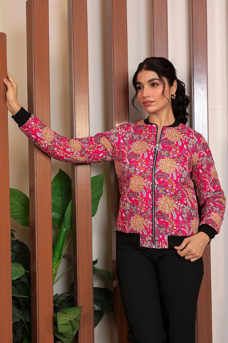 Pink Block Printed Bomber Quilted Jacket with Pockets