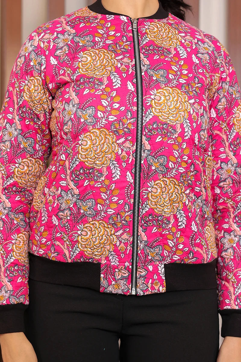 Pink Block Printed Bomber Quilted Jacket with Pockets