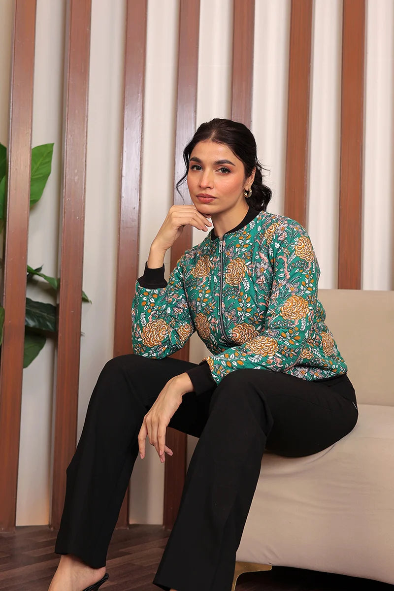 Green Block Printed Bomber Quilted Jacket with Pockets