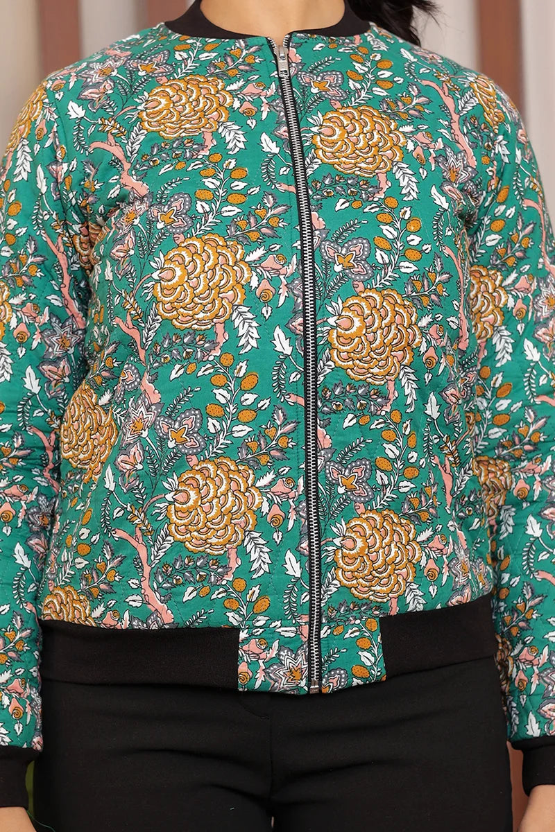 Green Block Printed Bomber Quilted Jacket with Pockets
