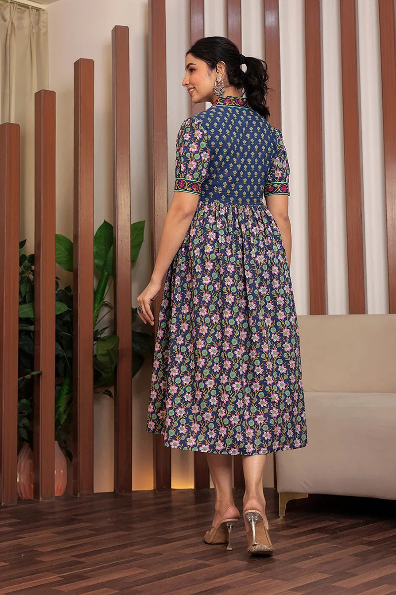 Navy Floral Printed V-Neck Gathered Detailed Cotton A-Line Midi Ethnic Dress