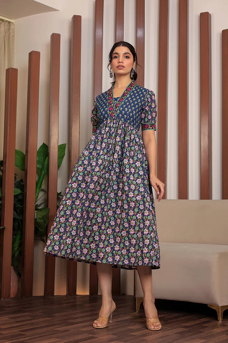 Navy Floral Printed V-Neck Gathered Detailed Cotton A-Line Midi Ethnic Dress