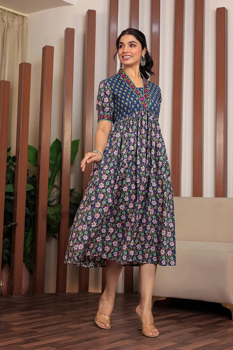 Navy Floral Printed V-Neck Gathered Detailed Cotton A-Line Midi Ethnic Dress