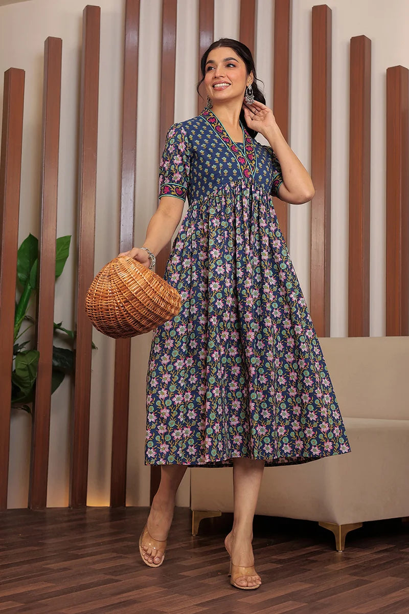 Navy Floral Printed V-Neck Gathered Detailed Cotton A-Line Midi Ethnic Dress