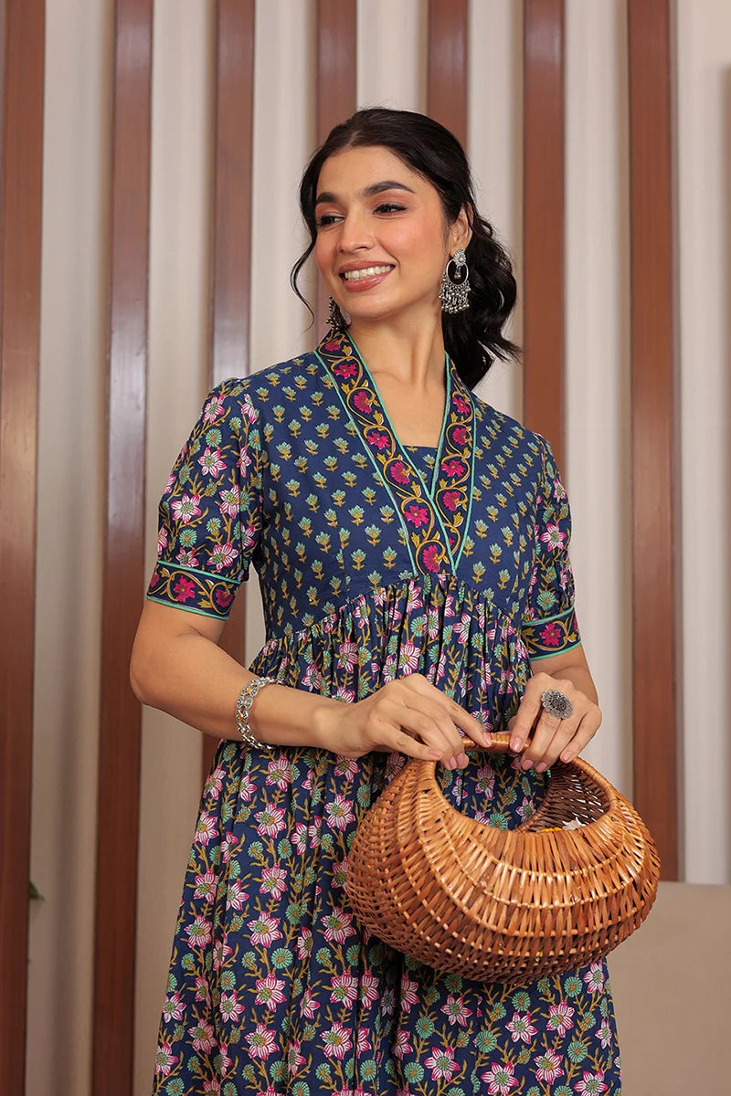 Navy Floral Printed V-Neck Gathered Detailed Cotton A-Line Midi Ethnic Dress