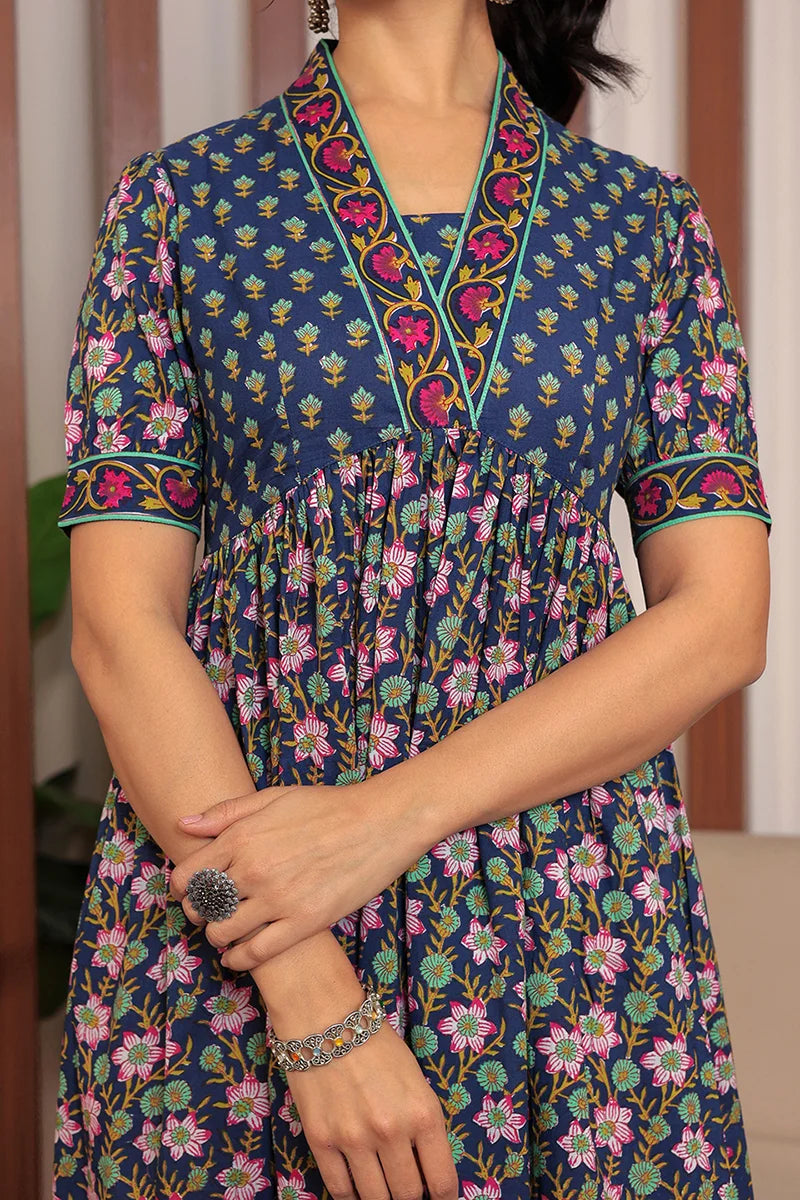 Navy Floral Printed V-Neck Gathered Detailed Cotton A-Line Midi Ethnic Dress