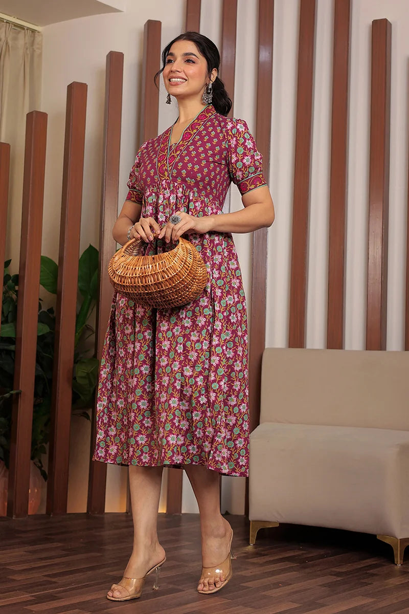 Dark Purple Floral Printed V-Neck Gathered Detailed Cotton A-Line Midi Ethnic Dress
