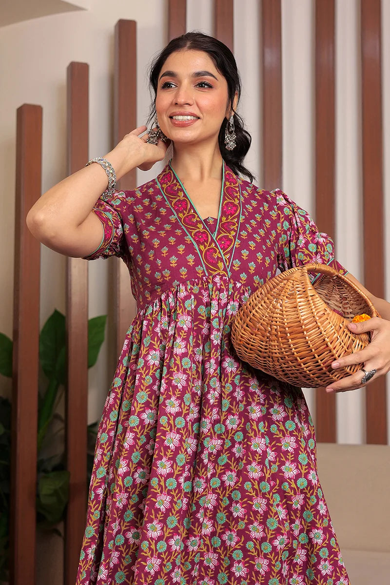 Dark Purple Floral Printed V-Neck Gathered Detailed Cotton A-Line Midi Ethnic Dress