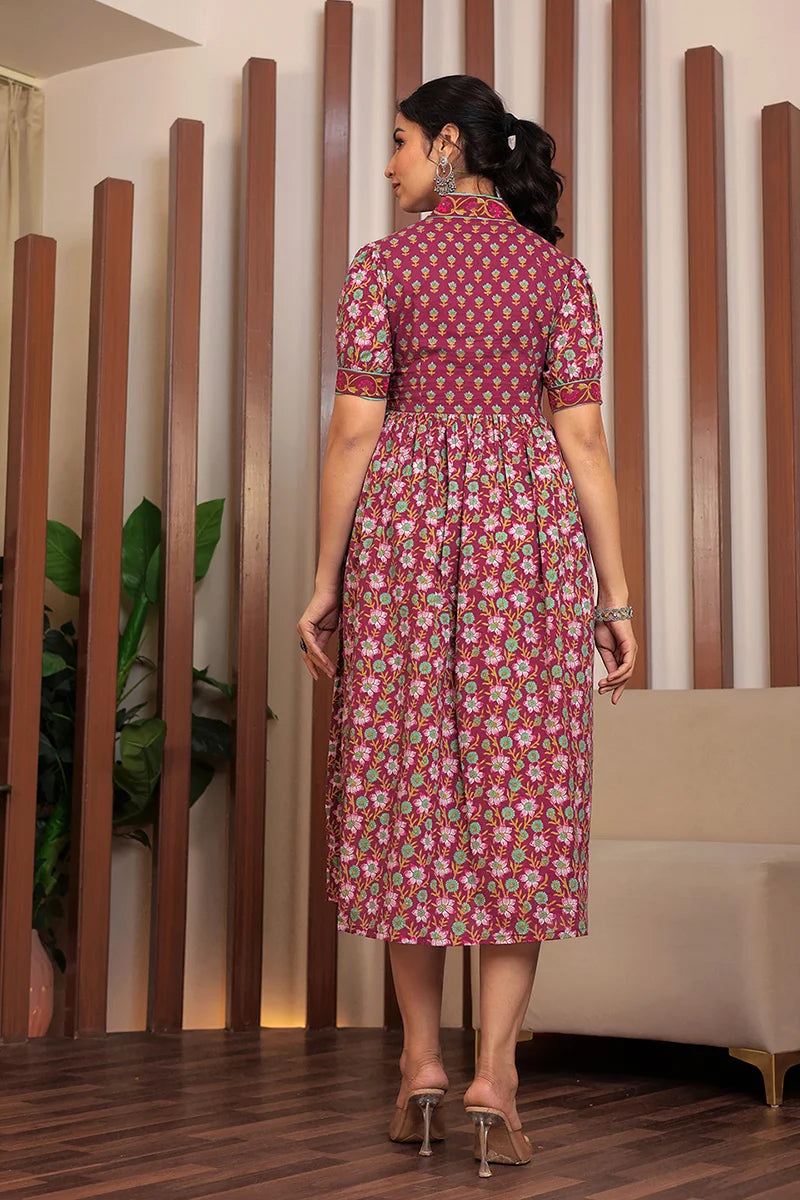Dark Purple Floral Printed V-Neck Gathered Detailed Cotton A-Line Midi Ethnic Dress