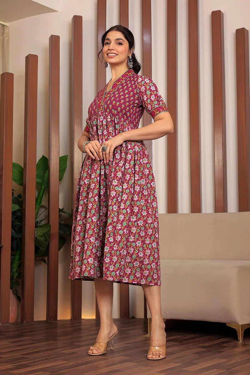 Dark Purple Floral Printed V-Neck Gathered Detailed Cotton A-Line Midi Ethnic Dress