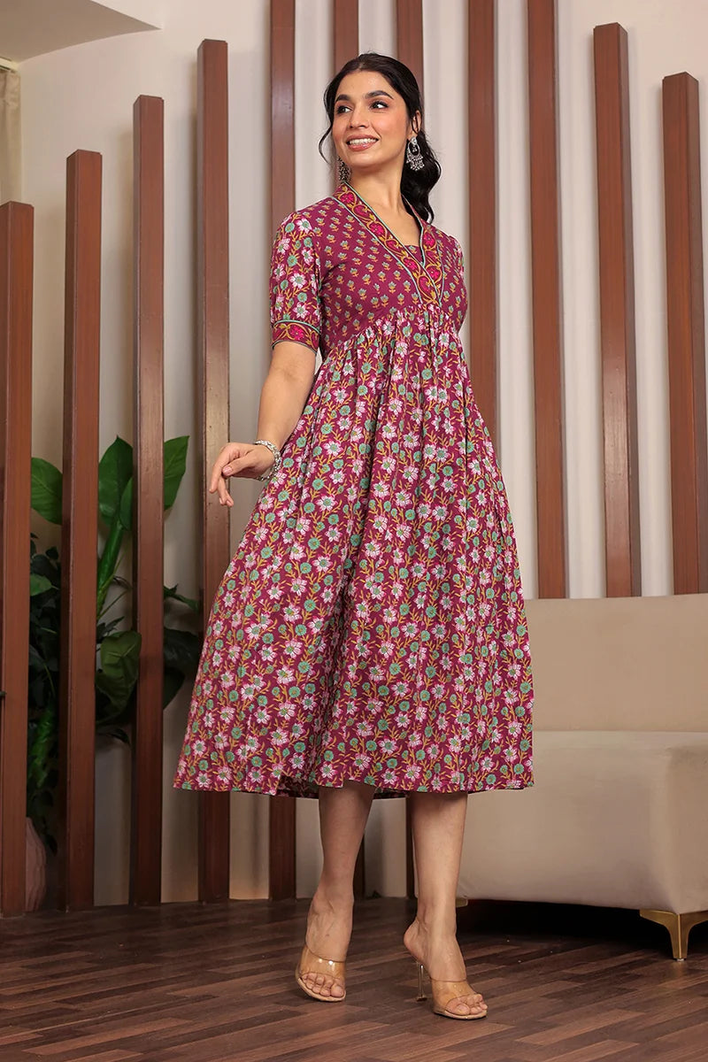 Dark Purple Floral Printed V-Neck Gathered Detailed Cotton A-Line Midi Ethnic Dress
