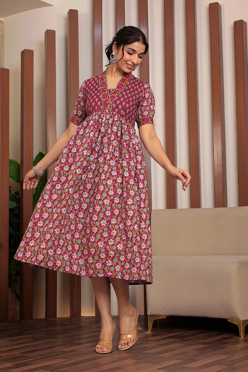 Dark Purple Floral Printed V-Neck Gathered Detailed Cotton A-Line Midi Ethnic Dress