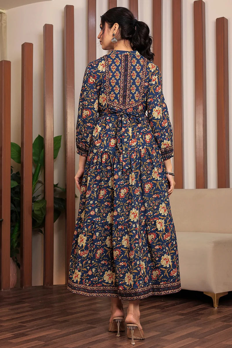 Navy Floral Printed Bishop Sleeves Ethnic A-Line Maxi Dress
