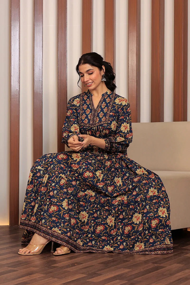 Navy Floral Printed Bishop Sleeves Ethnic A-Line Maxi Dress