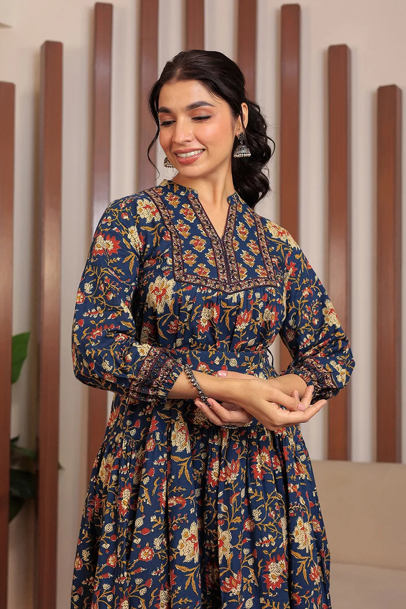 Navy Floral Printed Bishop Sleeves Ethnic A-Line Maxi Dress