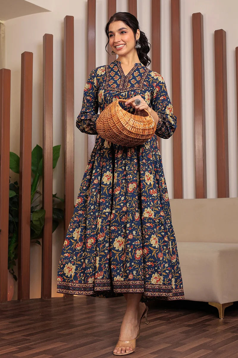 Navy Floral Printed Bishop Sleeves Ethnic A-Line Maxi Dress