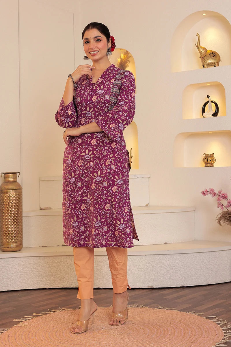 Purple Straight Cotton Kurta with Printed Side Panels