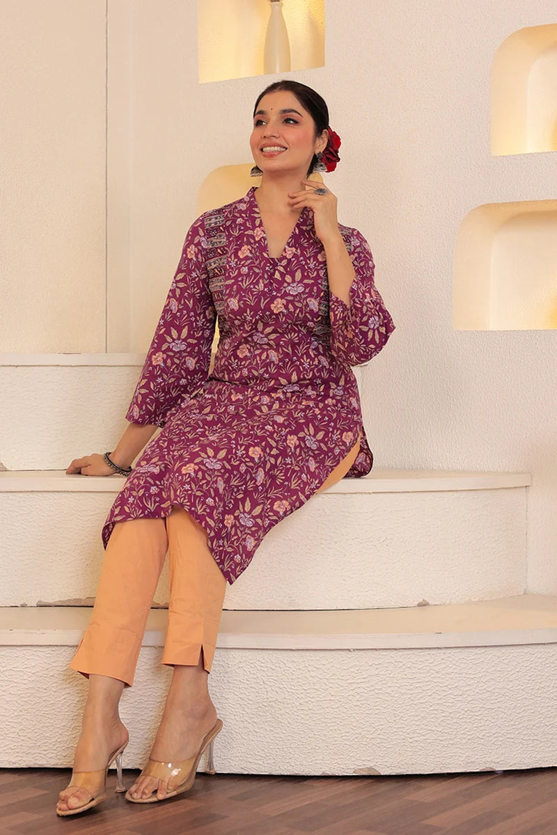 Purple Straight Cotton Kurta with Printed Side Panels