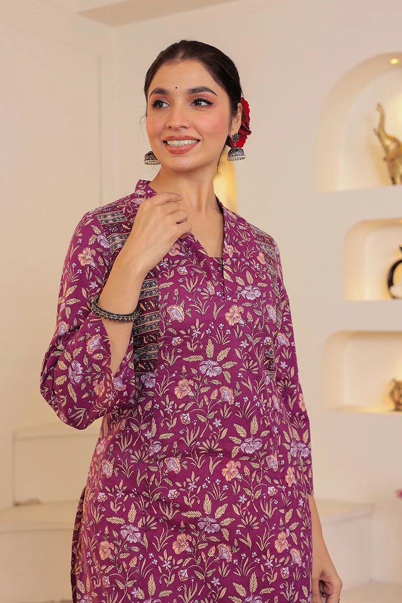Purple Straight Cotton Kurta with Printed Side Panels