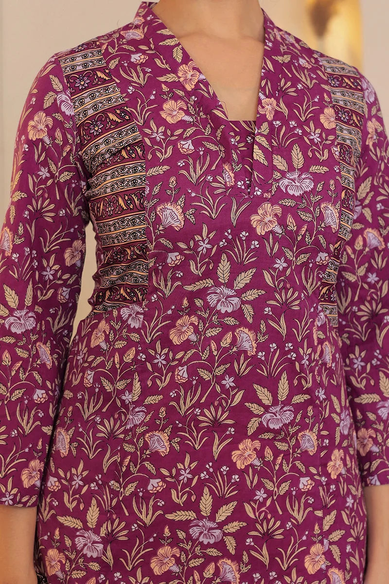 Purple Straight Cotton Kurta with Printed Side Panels