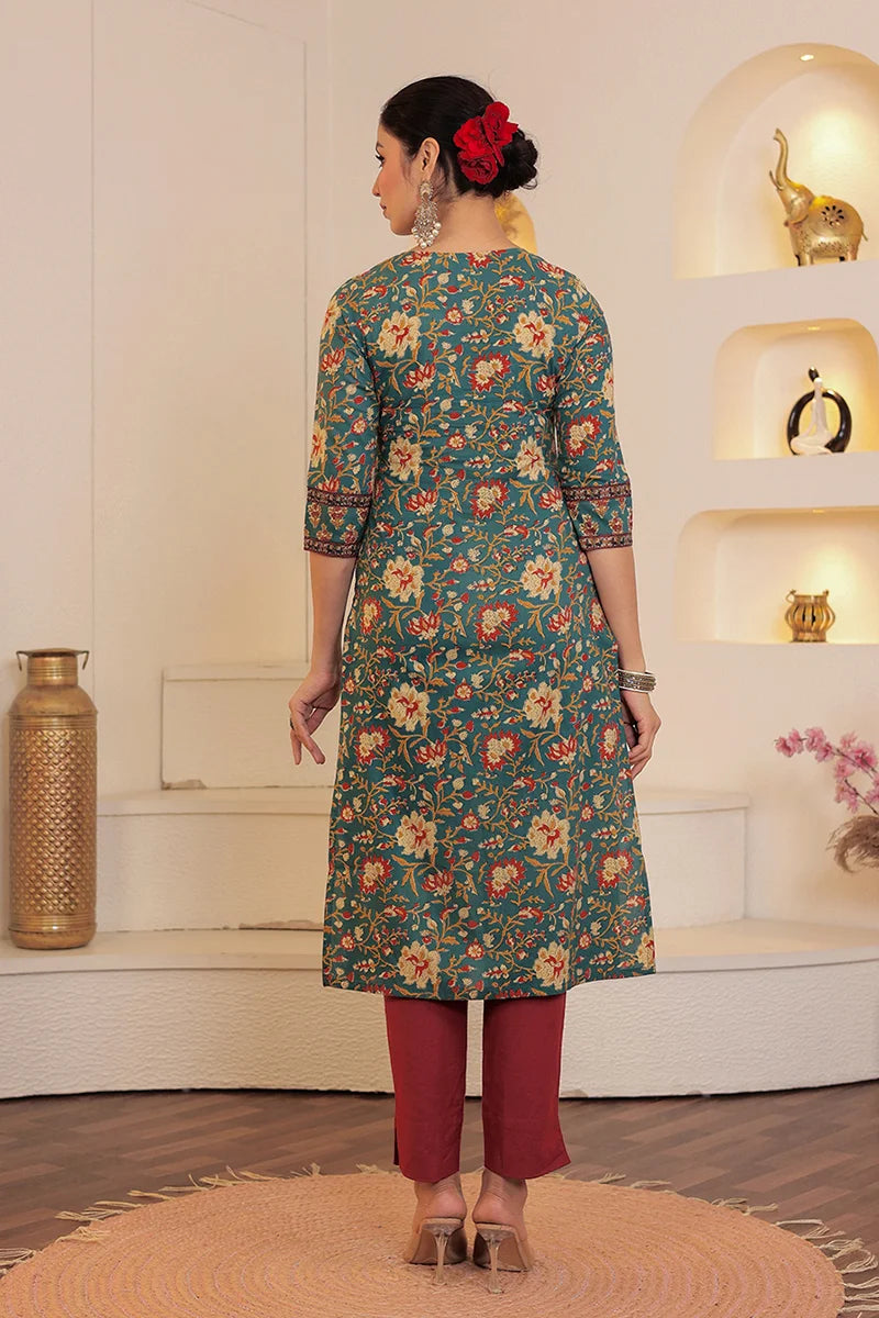 Green Hand Block Printed Straight cotton Kurta