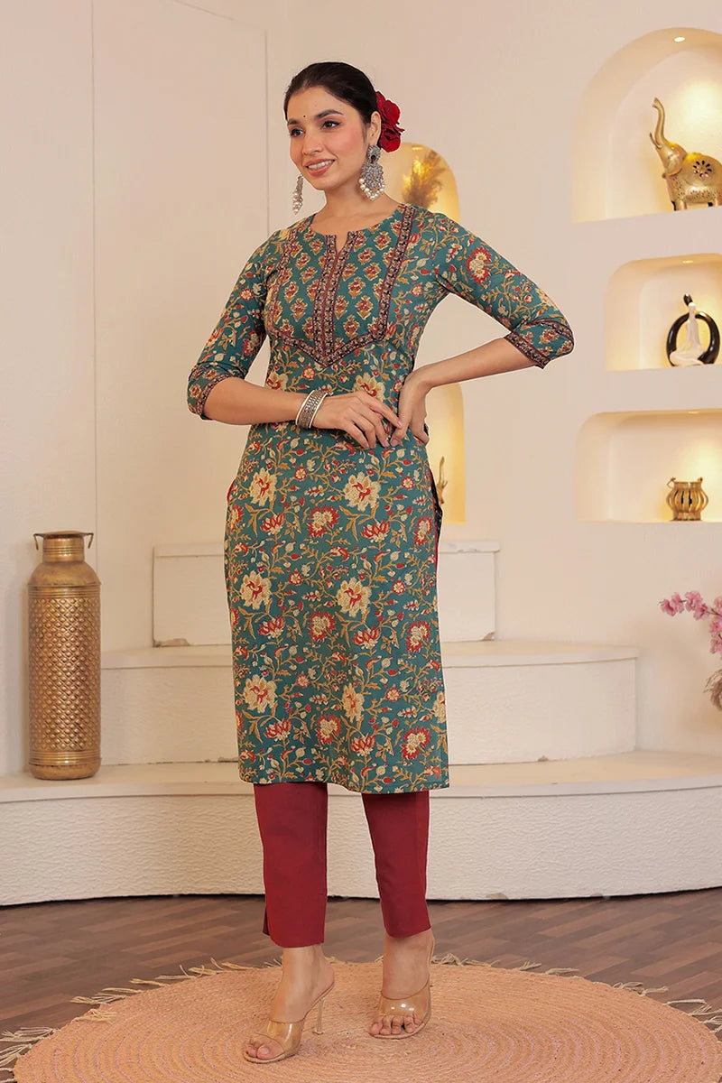 Green Hand Block Printed Straight cotton Kurta