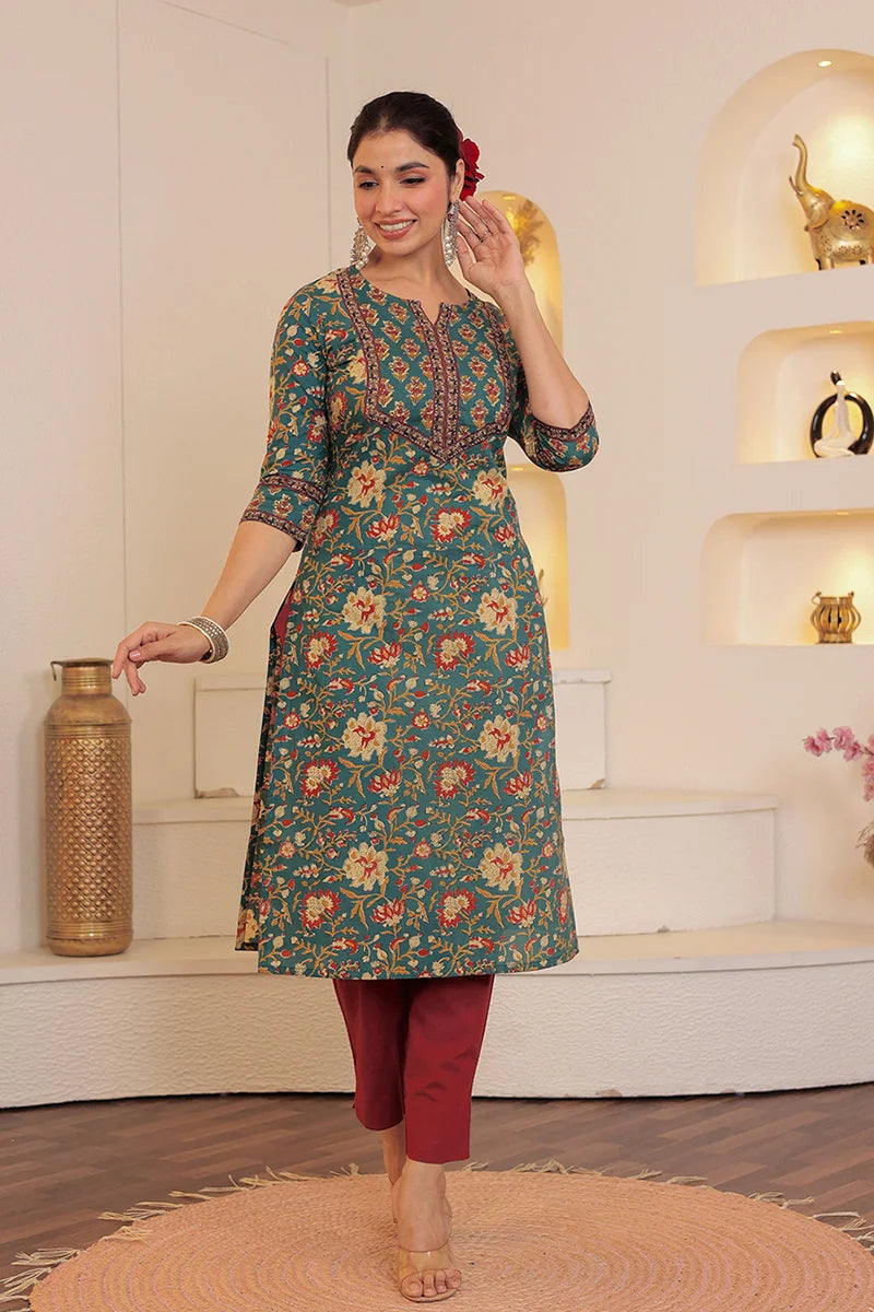 Green Hand Block Printed Straight cotton Kurta
