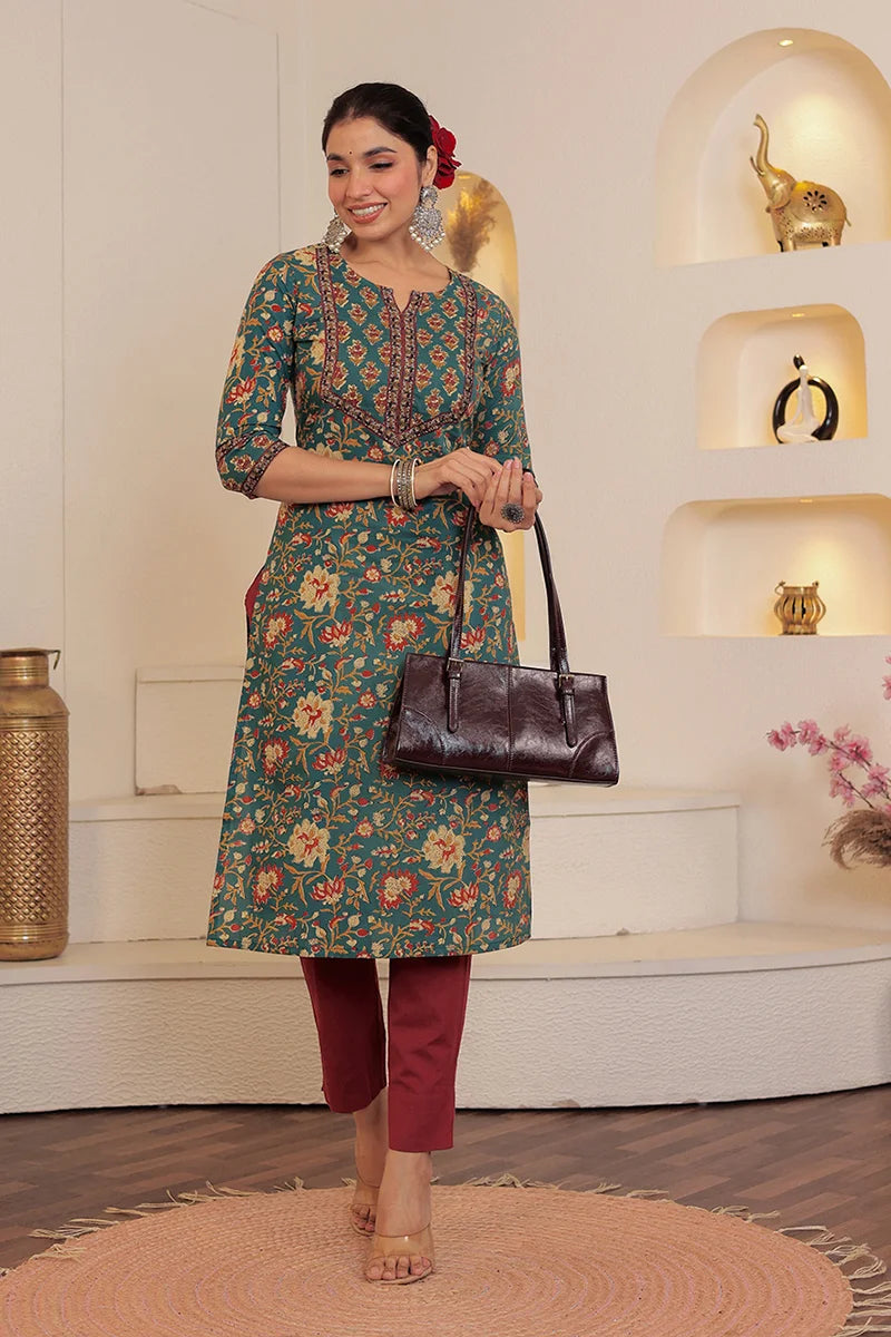 Green Hand Block Printed Straight cotton Kurta