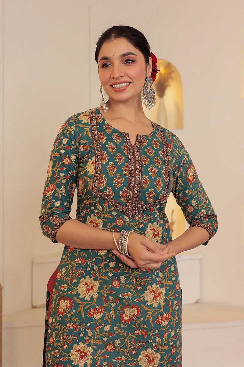 Green Hand Block Printed Straight cotton Kurta