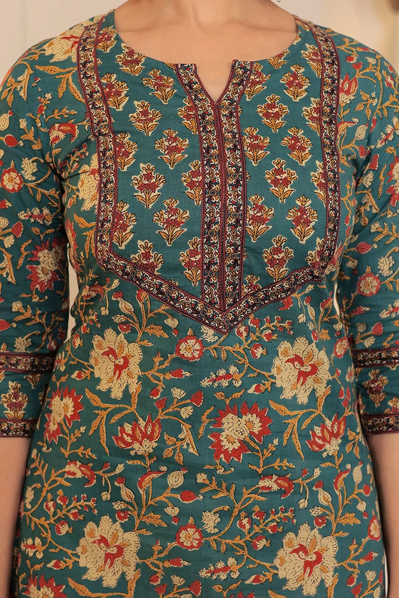 Green Hand Block Printed Straight cotton Kurta