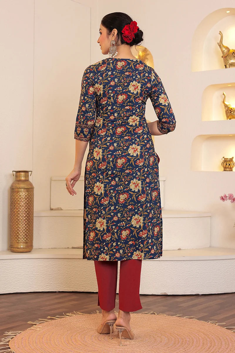 Navy Hand Block Printed Straight cotton Kurta