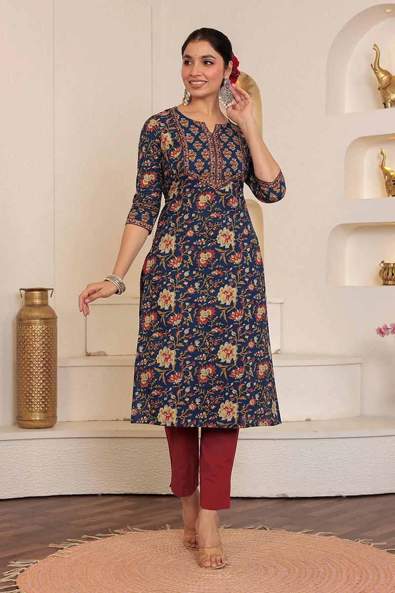 Navy Hand Block Printed Straight cotton Kurta