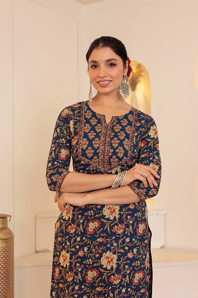 Navy Hand Block Printed Straight cotton Kurta