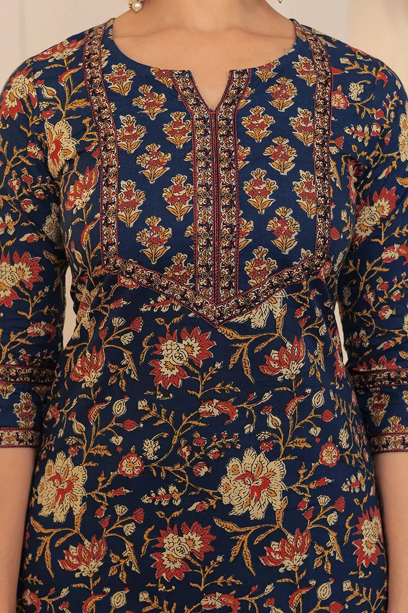 Navy Hand Block Printed Straight cotton Kurta