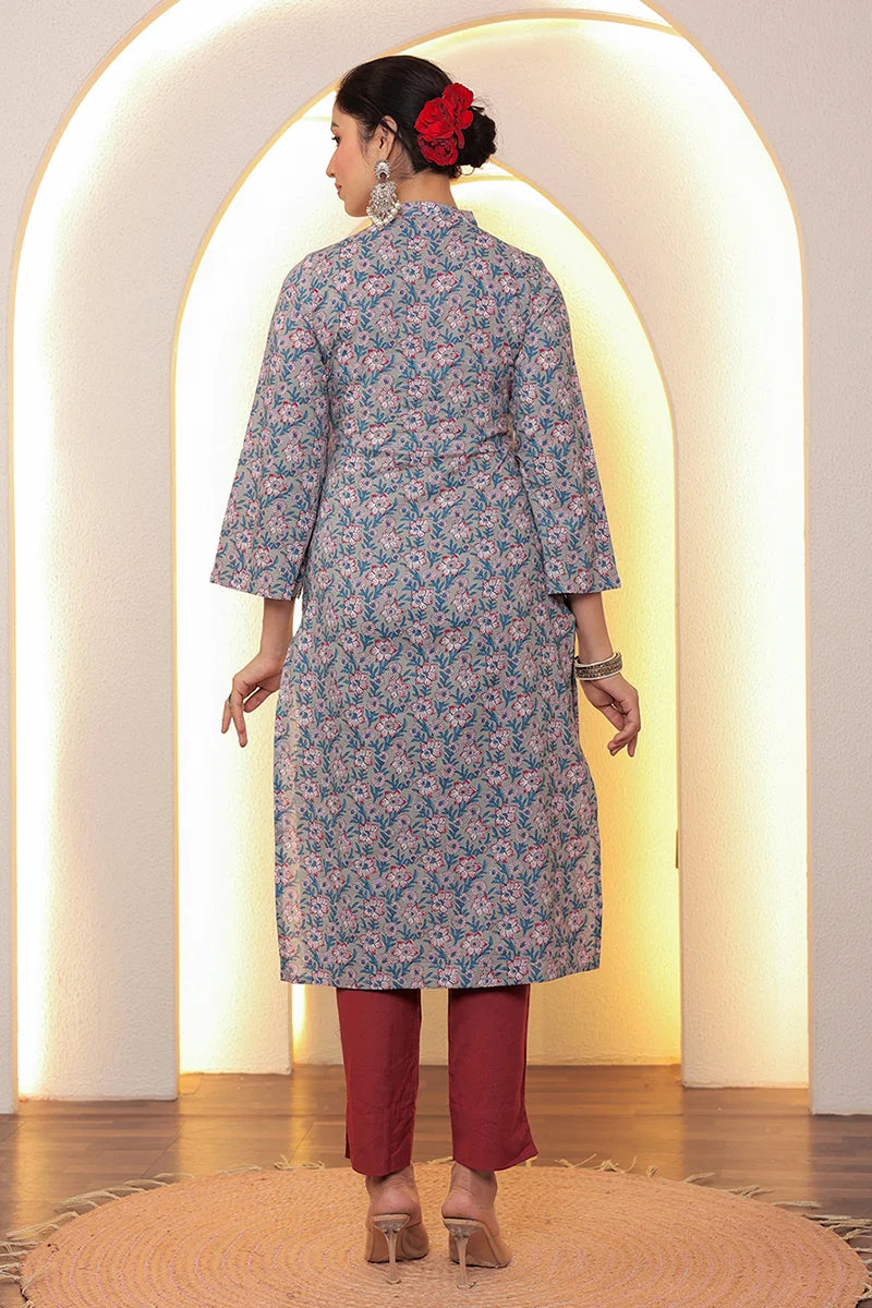 Grey Straight Cotton Kurta with Printed Side Panels